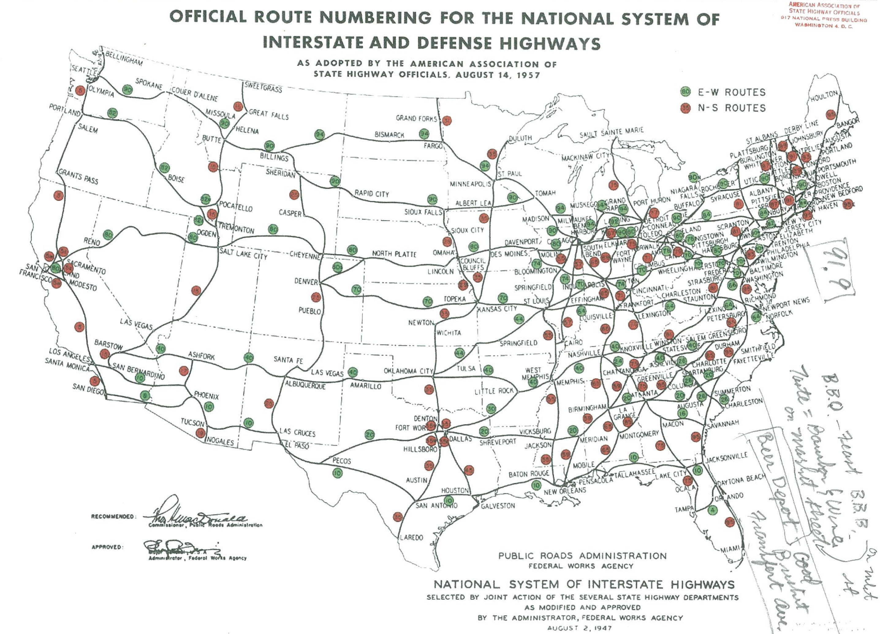 Map of Route Numbering for the National System of Interstate and Defense Highways in USA