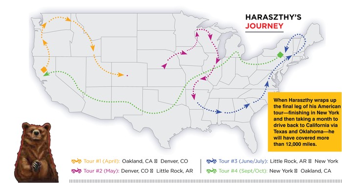 Haraszthy's Journey map with tours shown - see caption following